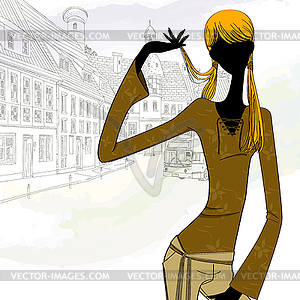 Silhouette girl in the city - vector clipart