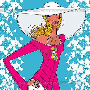 Beautiful women in wide brimmed hat - vector image