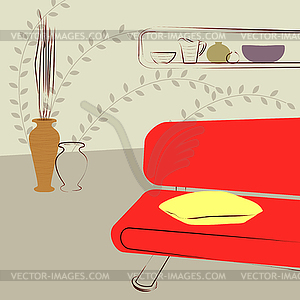 Red couches in room - vector image