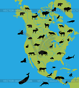 Animals on the map of North America - vector clip art