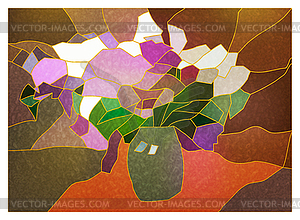 Stained glass coloured with pictures of flowers in - vector clipart