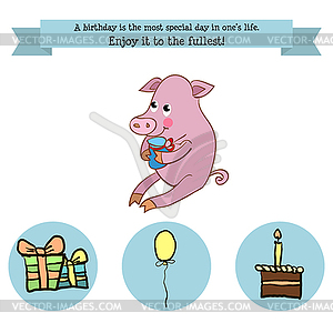 Congratulations birthday with character pig - vector image