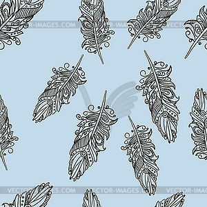 Seamless pattern with Doodle feathers - vector clipart