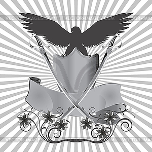 Background eagle on shield with swords and flowers - vector clip art