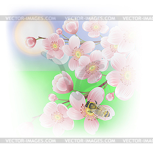 Spring background with cherry blossoms and bees - vector clipart