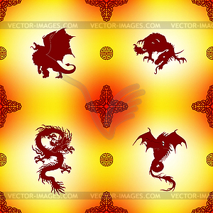 Бесшовные шаблон с драконами и восточными орнаментами - изображение в векторном виде