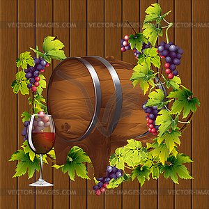 Barrel of wine on background of vine - vector image