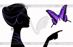 Beautiful girl silhouette with butterfly - color vector clipart