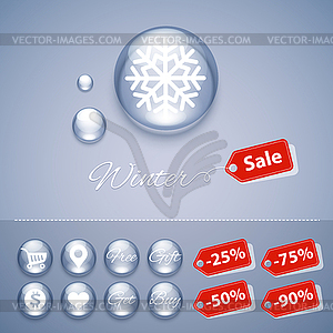 Зимняя распродажа Шаблоны глянцевые кнопки - векторный клипарт Royalty-Free