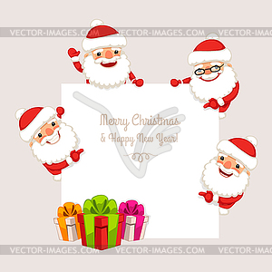 Set of Cartoon Santa Clauses Behind White Empty - royalty-free vector image