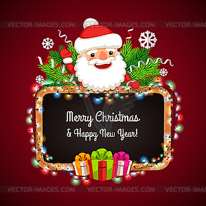 Christmas Banner with Santa Claus Behind Blackboard - vector image