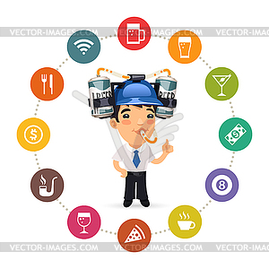 Manager with Blue Beer Helmet on His Head - vector image