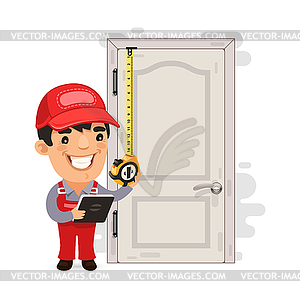 Carpenter Measures Old Door - vector image