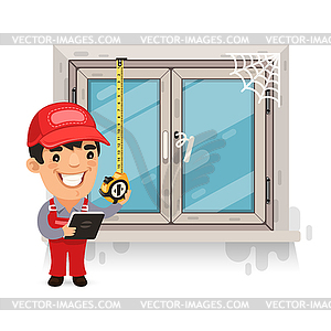 Carpenter Measures Old Window - vector image