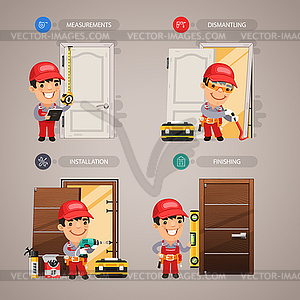 Door Installation with Handyman Carpenter - vector clipart