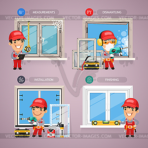 Window Installation with Handyman Carpenter - color vector clipart