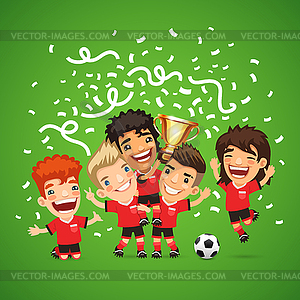 Happy Soccer champions with winners cup - vector image