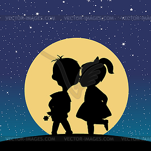 Силуэт мальчик и девочка, поцелуи в лунном свете - стоковый векторный клипарт