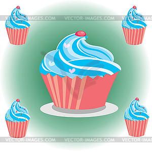 Cream cake with pink cherry - color vector clipart