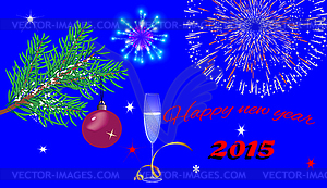 Christmas blue background with glasses, fireworks - vector image