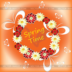 Время весны с цветами, бабочками - изображение в векторном виде