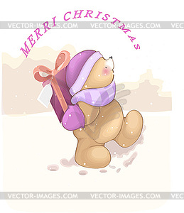 Bear with a gift in a cap and a scarf in the - vector clipart