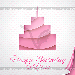 Happy birthday pink postcard with cake - vector clip art