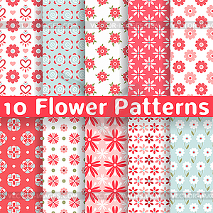 Different flower seamless patterns (tiling) - vector image