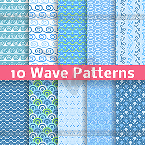 Wave different seamless patterns (tiling) - vector EPS clipart