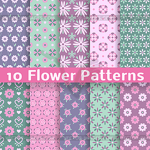 Romantic flower different seamless patterns (tiling) - vector clipart