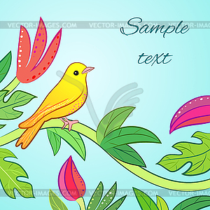 Bright yellow, orange little tropical forest bird - vector image