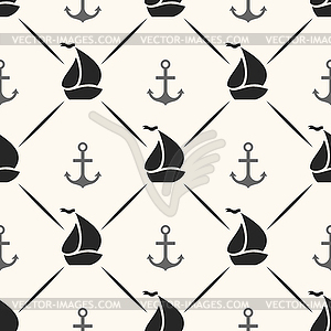 Seamless pattern of anchor, sailboat shape and line - vector clip art