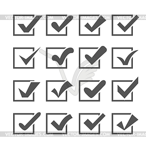 Set of different check marks or ticks in boxes - white & black vector clipart