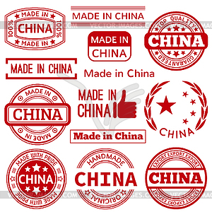 Set of various Made in China red graphics and labels - vector clip art