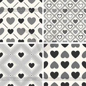 Heart shape seamless patterns. Black and white - vector clip art