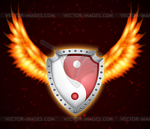 Shield with yin yang symbol - vector image