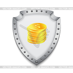 Stack of golden coins with shield. Safe your money - vector image