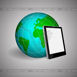 Tablet PC and planet on gray background. EPS10 - royalty-free vector image