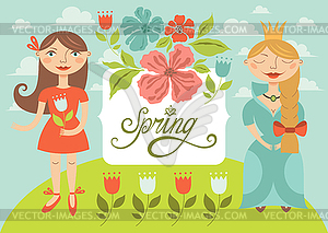 Spring girls with flowers. Greeting card - vector image