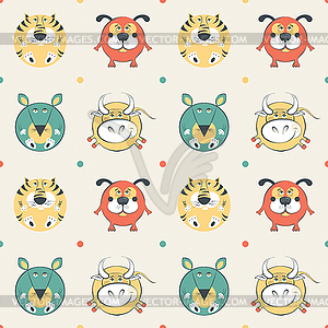 Colored pets pattern with cat, dog, mouse and cow - vector clipart