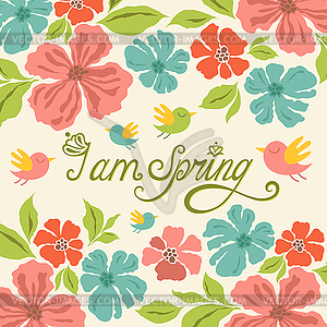 Floral background, spring lettering, greeting card - vector clipart