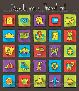 Colored doodle icons with shadow. Travel set - vector clipart