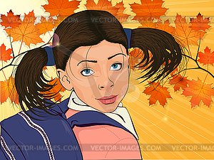 Colorful portrait of little girl with backpack - vector clipart