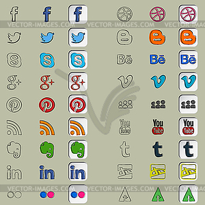 Восемнадцать социальные иконки в трех стилях - векторный рисунок