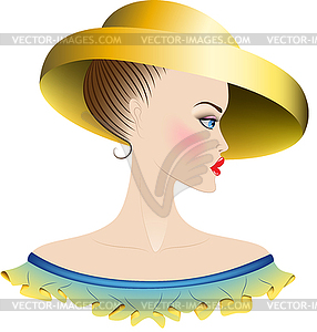 Lady in yellow hat and dress with ruches - vector clipart