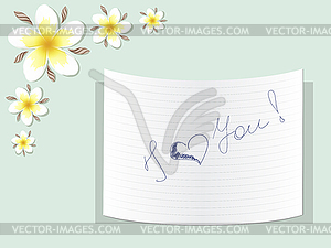 Plumeria with note about love - vector image