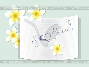 Plumeria with note about love - vector clipart