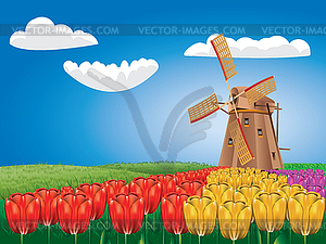 Windmill and Tulips - vector clipart