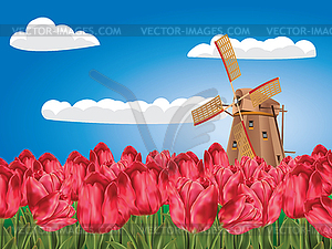 Windmill and Tulips - vector image