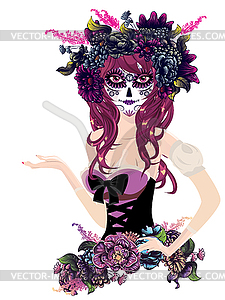 Sugar Skull Girl in Flower Crown - vector clipart